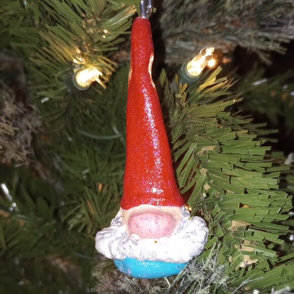 Red & Aqua Gnome Ornaments Christmas Pendant Handmade Original Folkart Set of 5 - Picture 1 of 8